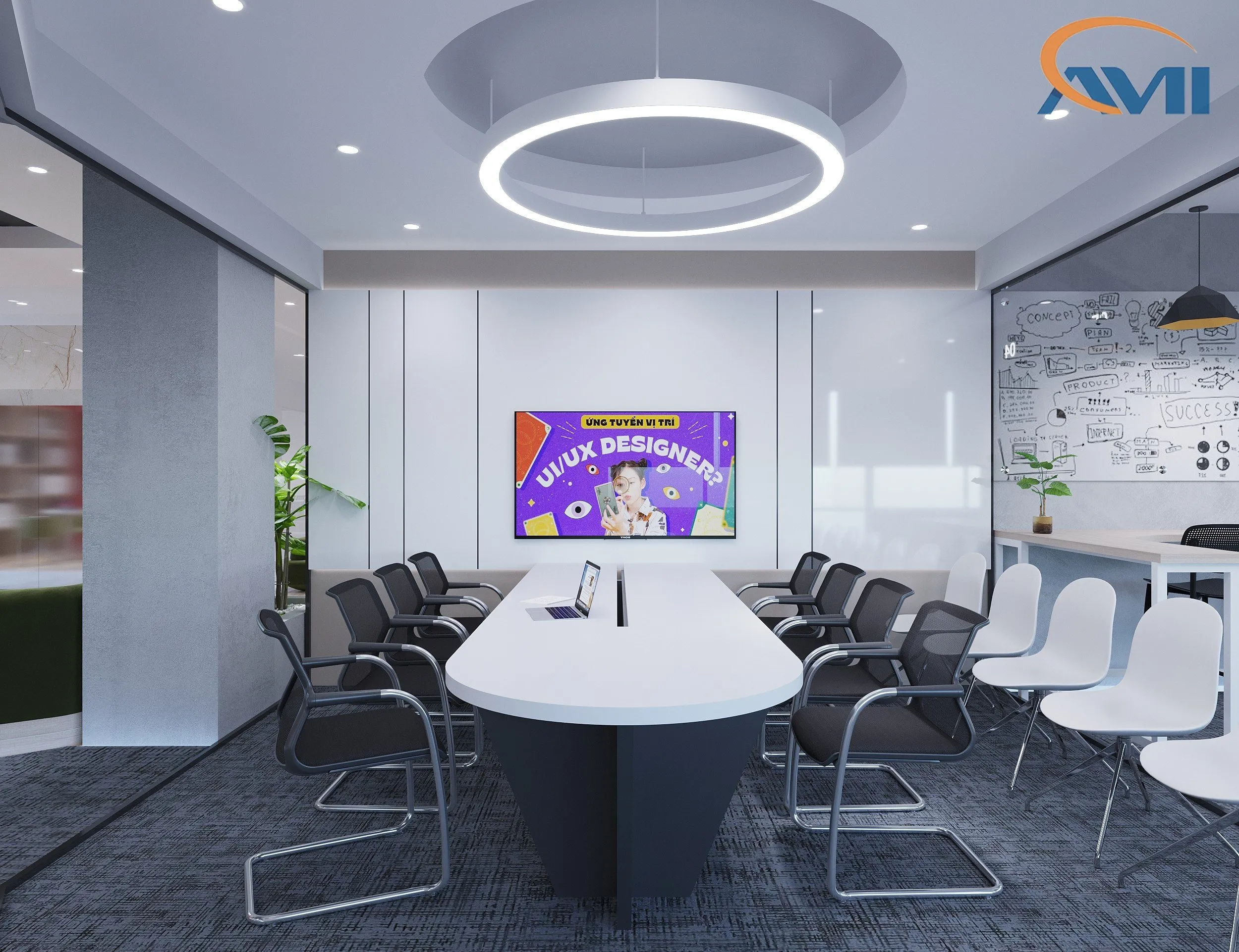 Phòng họp văn phòng full nội thất được trang bị bàn họp, ghế và màn hình trình chiếu