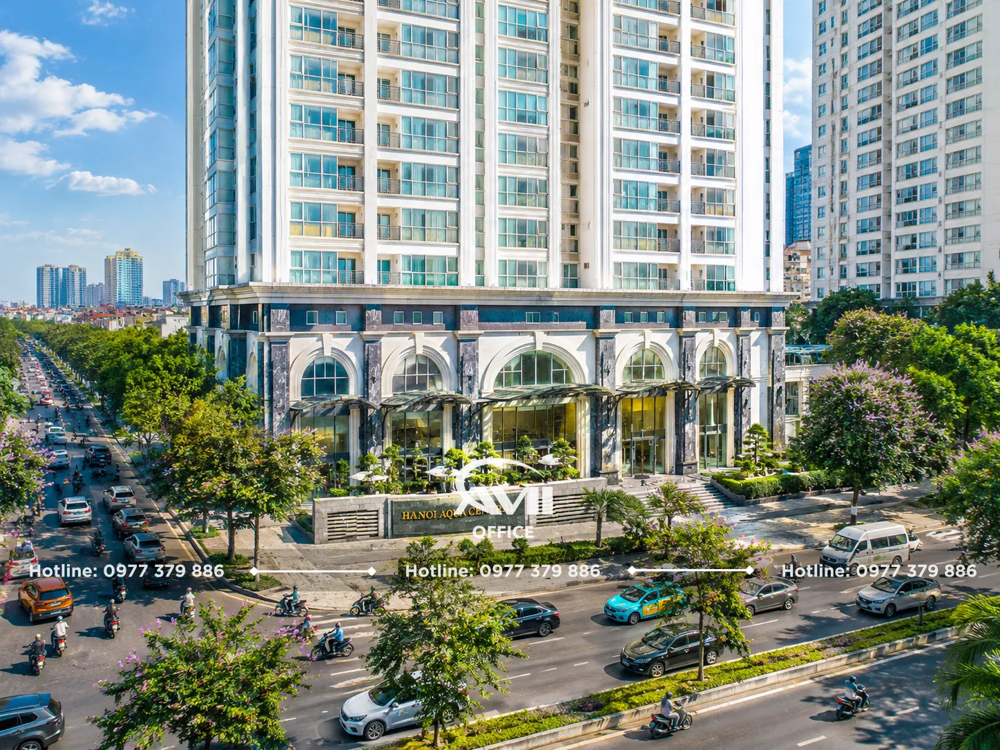 Hanoi Aqua Central - tòa nhà văn phòng tại 44 Yên Phụ, phường Trúc Bạch, Hà Nội với vị trí đắc địa gần Hồ Tây, thiết kế hiện đại và diện tích thuê linh hoạt.