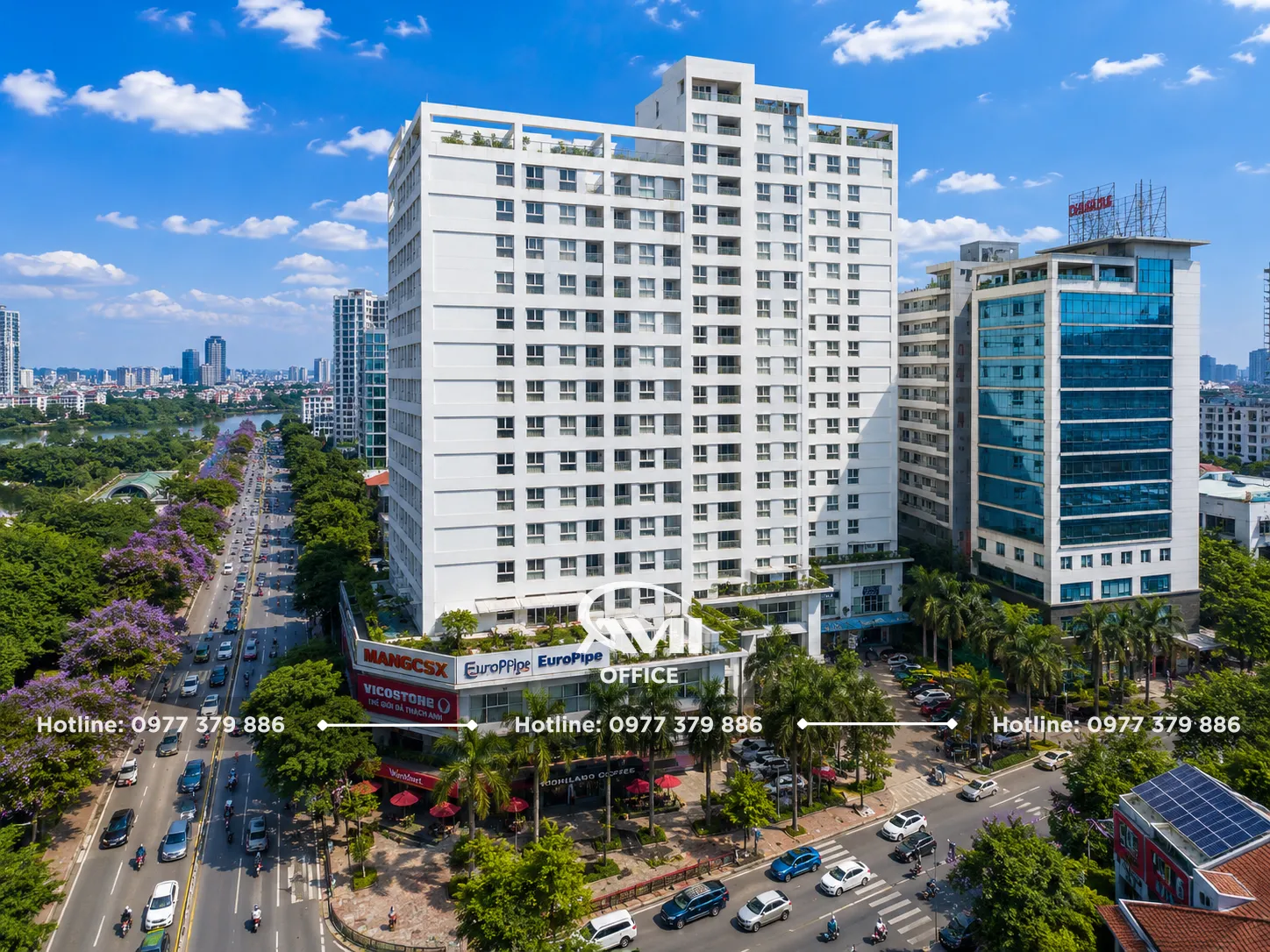 Vườn Đào Building - tòa nhà văn phòng hạng C tại 689 Lạc Long Quân, phường Tây Hồ, Hà Nội với vị trí gần Hồ Tây và cầu Nhật Tân.