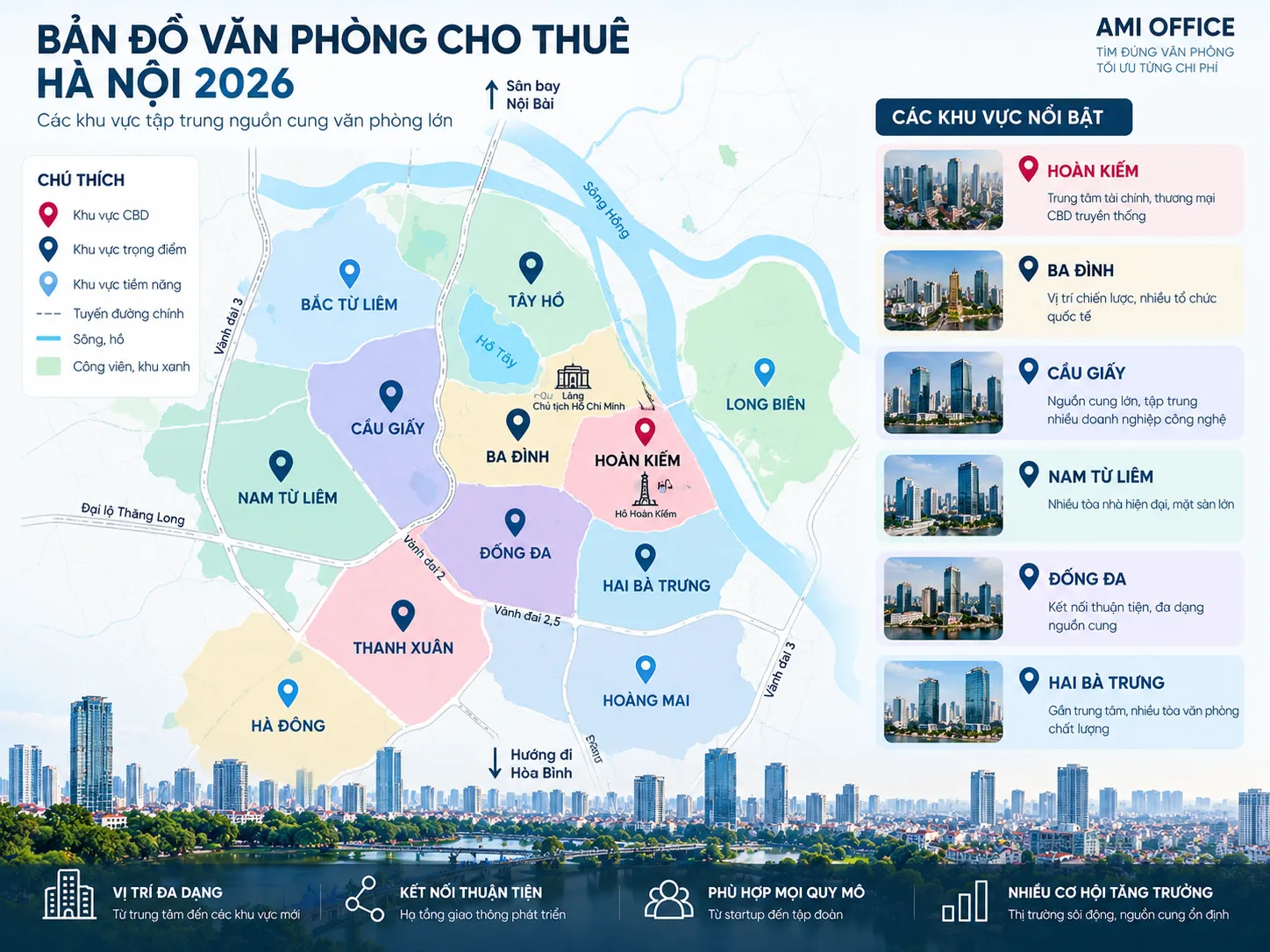 Bản đồ các khu vực tập trung văn phòng cho thuê tại Hà Nội