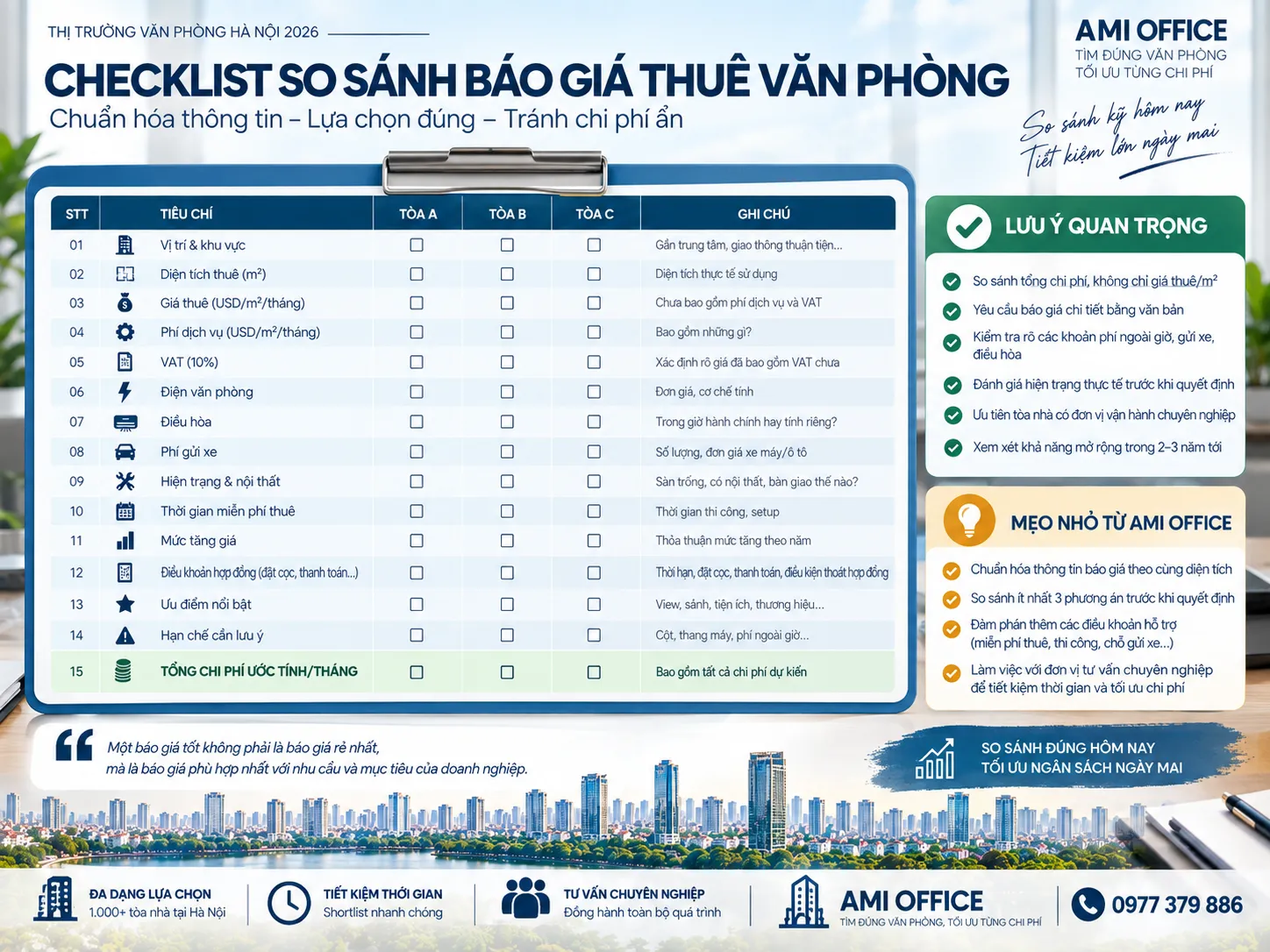 Checklist các tiêu chí cần so sánh khi nhận báo giá thuê văn phòng Hà Nội